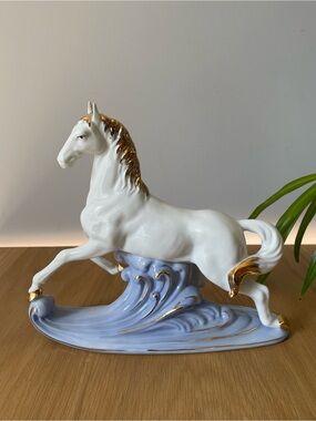 Elan Gallery England Ceramic Horse on Blue Wave Base Gold Accents